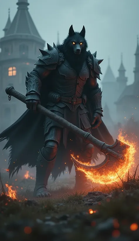  Create an image of a medieval battlefield with a muscular anthropomorphic black wolf warrior on a battlefield at night,  in the midst of a fierce fight , with fog. large flaming axe , dark armor with black cloak style 
"Nazgul" from the lord of the rings....