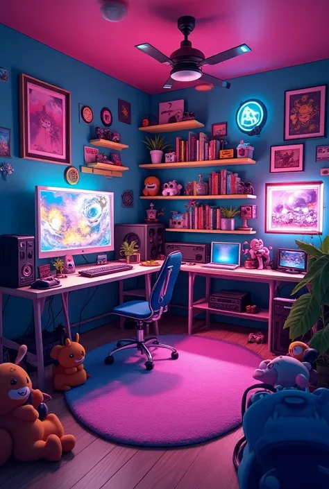 Room about video games purple, pink, blue, black, cartoon