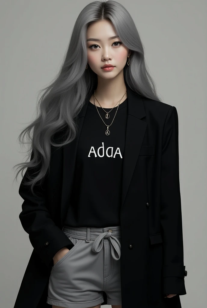  A KOREAN MALAY WOMAN WITH LONG GRAY HAIR WEARS A BLACK JACKET BLACK SHIRT WRITTEN NAME ADDA . EYES gray color  .  wear SHORT COVER gray color .  WEARS NECK CHAIN WRITTEN A  