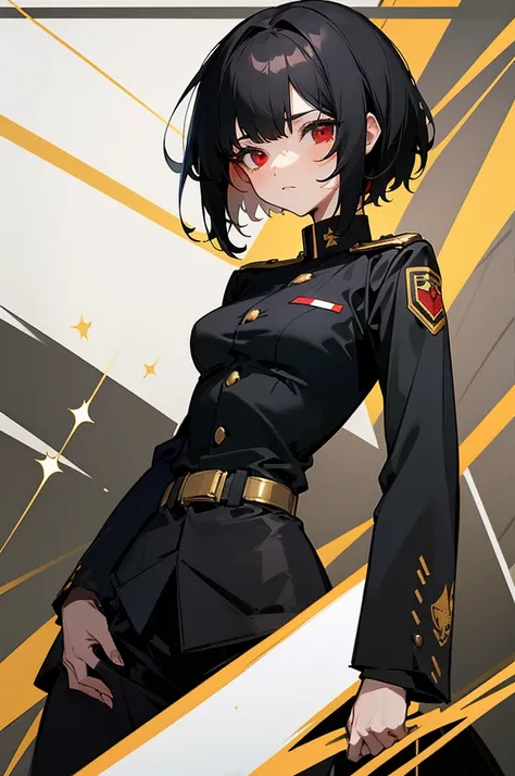 a girl with short black hair, red eyes, innocent face, wearing a tight black and gold military formal outfit.