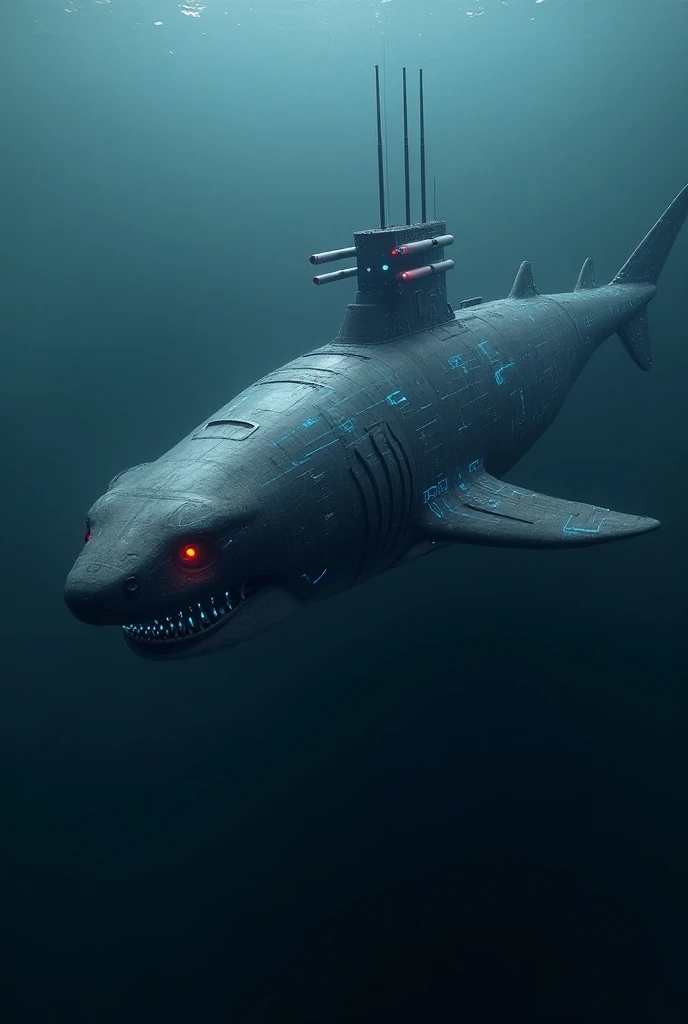 A massive shark fused with a sleek, high-tech submarine. The shark has mechanical gills and glowing blue circuits running along its sides. Its eyes are bright, red sensors, and missile launchers are visible on its back. It swims through the dark, deep ocea...