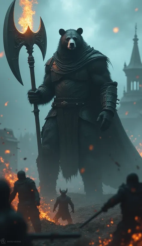 Create an image of a medieval battlefield with a muscular anthropomorphic black bear warrior on a battlefield at night,  in the midst of a fierce fight , with fog. large flaming axe , dark armor with black cloak style 
"Nazgul" from the lord of the rings. ...