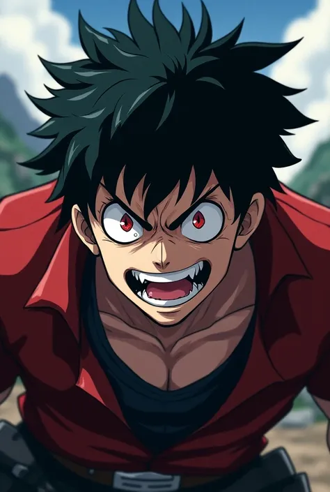 [ screenshot of Boku no Hero Academy ]
[training camp ]

 Big boy with black hair Wolfgang style ,  with fangs coming from ruby red eyes and diamond-shaped pupils ;  pale skin tone and a stretch of hair crossing his face posing defiantly with a daring laug...