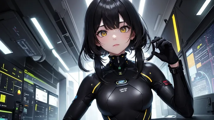 from future intelligence, technology background, complex mission, sudden mystery, unexpected result, unknown variables, strange data, confident look, space black pioneer dress, yellow eyes, black hair
