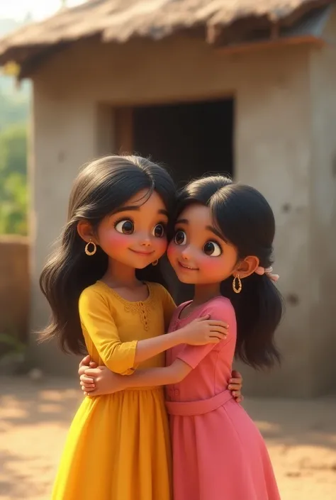 Show  small girl Riya with yellow clothes and small girl Ritu with pink clothes standing together in front of the repaired house. Riya is hugging Ritu, expressing thanks, while Ritu smiles warmly. Capture their sense of relief and the supportive bond betwe...