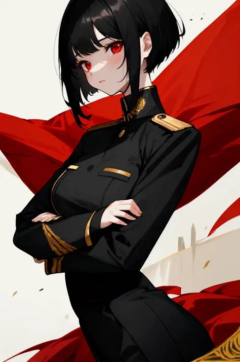 a girl with short black hair, red eyes, innocent face, wearing a tight black and gold military formal outfit.