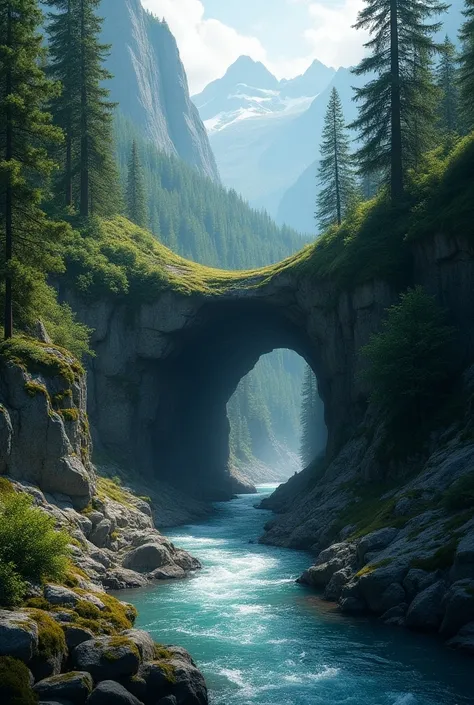 ,alpine trees rocks,tunnel River 