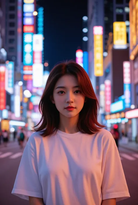 girl, layered hair, big eyes, white oversize t-shirt, bracelet, city street, night, neon, skyscraper in the background. (4k, hdr...