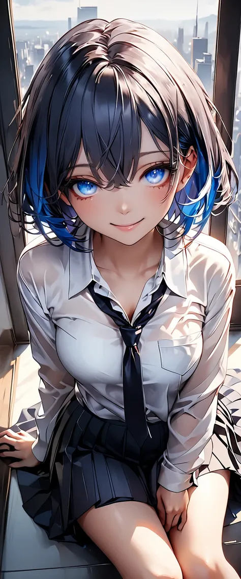 One Gal、 seductive smile 、((multicolor hair:1.2))、 black and blue hair、 medium hair 、 heterochromia、detailed cat-like eyes、black and blue eyes 、Captivating thighs、clavicle、The shirt that fell apart、Black Bra、 jacket、tie、skirt、((betに仰向けで寝転ぶ:1.3))、Lying down...