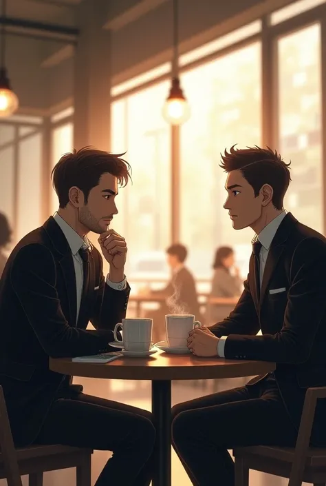 Create an image in the style of Makoto Shinkai of A scene of two businessmen having a conversation over coffee in a stylish cafe such as Starbucks