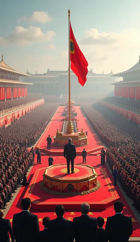 The scene of a large ceremony with the national flag flying, thousands of people attending, a solemn and exciting atmosphere. The center is a large, brightly decorated stage where leaders are speaking.