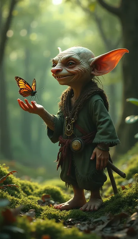 Goblin standing  + butterfly sitting on his hand + hyper realistic 