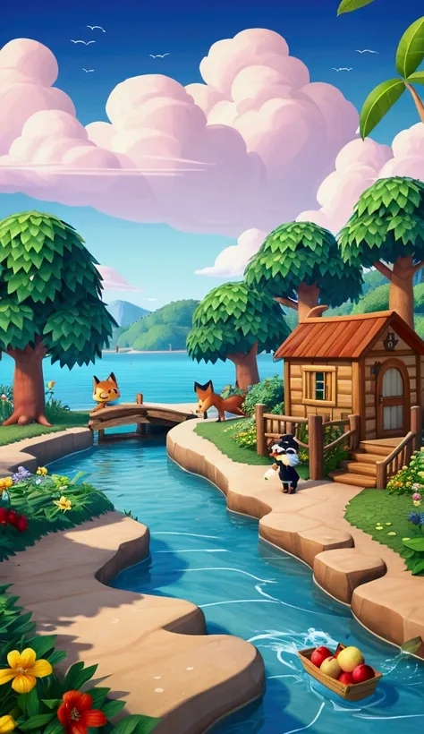 A peaceful, lush island scene inspired by Animal Crossing, with gentle waves lapping at a sandy beach. The island is filled with colorful trees, including fruit-bearing ones like apples and peaches. Small wooden houses with quaint, cottage-like appearances...