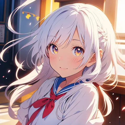 (Best Quality,masutepiece:1.2),(Anime style,Comic Core:1.1),1girl in,cute-style,Adorable,extremely detailed eye,extra detailed face,very detail hair,About Hipder,8K,resolution,High School Girl, and white Sailor Uniform,long white hair, messy bangs