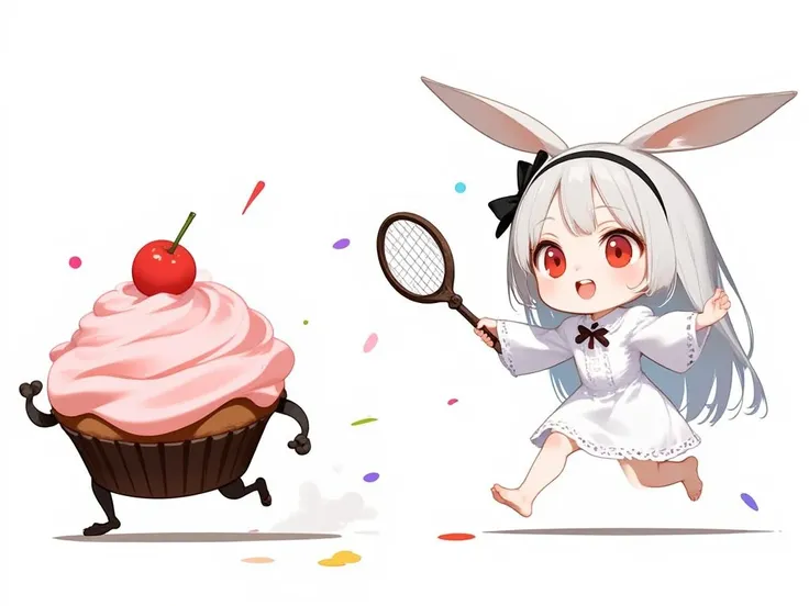 girl\(2.5D,Chibi,cute,kawaii,small ,white hair:1.4,long,hair,rabbit ear,white long dress with frill,red eyes,big eyes,skin color white,big black hairbow,, holding capture net\) chasing the monster\(cupcake monster,pink whipped cream squeezed at top, have a mouth and sharp teeth,\) running away from her,background\(simple white, cute colorful circles\),