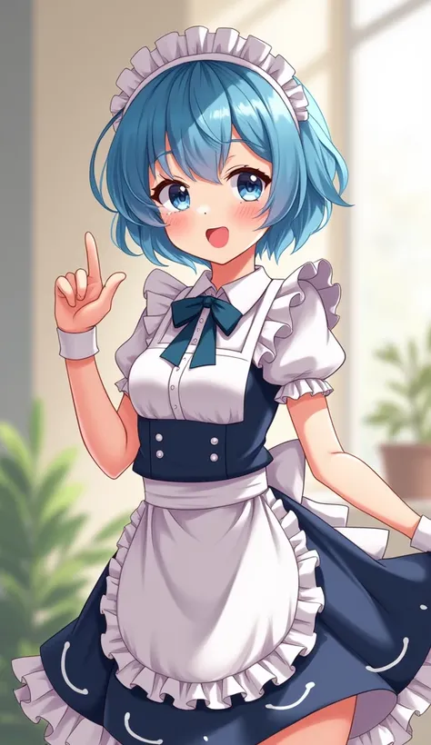 1 girl, With blue hair short maid outfit with an anime texture
