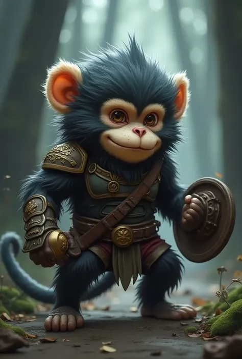 

Level 5 monkey creature
 Of the shadows
,cute,peludinho ,chubby, strong muscular ,  Little bunny ,warrior, Funny ,In armor with a shield in one hand and power ball ,super powerful 