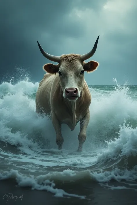 A lone cow, struggling to stay afloat in a vast, turbulent ocean. The sky is dark and stormy, with crashing waves engulfing the cow. The cows eyes are filled with fear and desperation as it tries to reach the shore, which is barely visible in the distance.