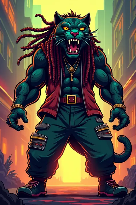 A Rasta singer , with long dreadlocks ,  half man half panther roaring, gta style, cartoon style, vector logo 