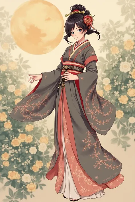  I want you to create feminine costumes inspired by those from the anime Boku no Hero,  but that also adds more Japanese culture , like a kimono ,  and does it in the art style of old Japanese drawings .