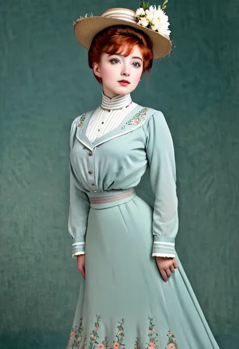 anna as a coquettish 15yo redhead gibson girl of the 1900s. year 1903. 1900_dr3ss. high-collar long sleeve shirtwaist, flower-br...