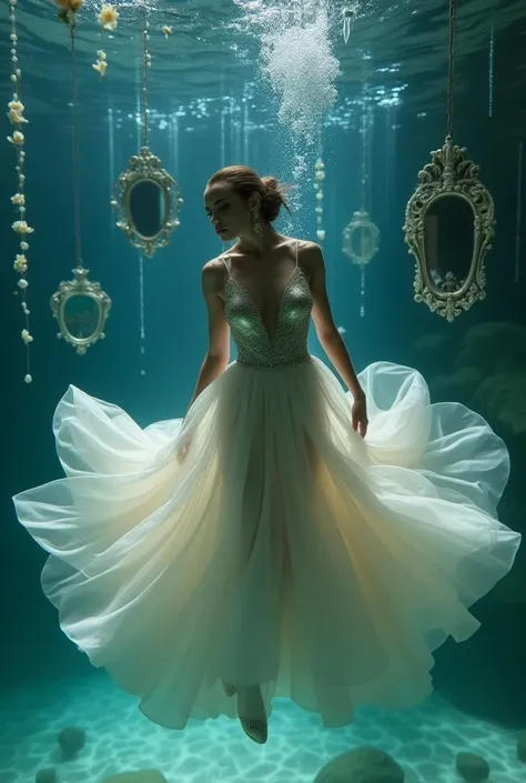 Underwater Boudoir meets High Fashion:
"Conceptualize an underwater boudoir shoot with high fashion elements. The subject is suspended in a large tank of crystal-clear water, wearing a flowing, avant-garde gown that billows around her. Her makeup is bold a...