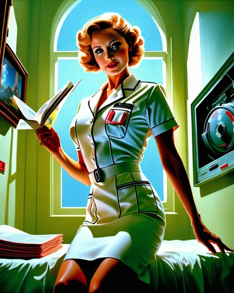 highly detailed, 4k, slutty nurse, wearing a tight intricate (nurse uniform, blouse, skirt:1.2), in a haunted hospital, intense eye contact, (by artgerm), (by arny freytag:1.2), erotic mood, (highly detailed face), evil devious grin, teasing, taunting, rea...