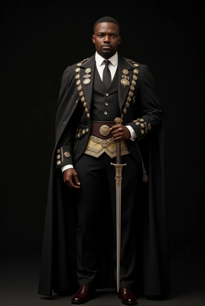 Black man , well dressed in black suit, white shirt, black necktie, wearing full freemason regalia, with sword. Text saying (THANK YOU 100k FOLLOWERS)