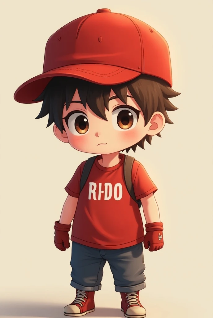 Little brown boy with red cap
 red shirt 
With brown hair anime without ears and with your Robloxitos gloves 