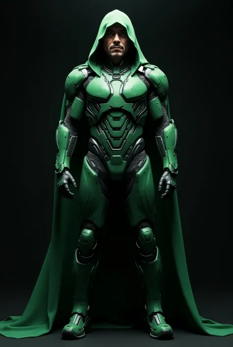 Creates an image of Robert Downer Jr .With a
technological Lativeriana armor ,  a green cloak with
hood and LEDs on the armature