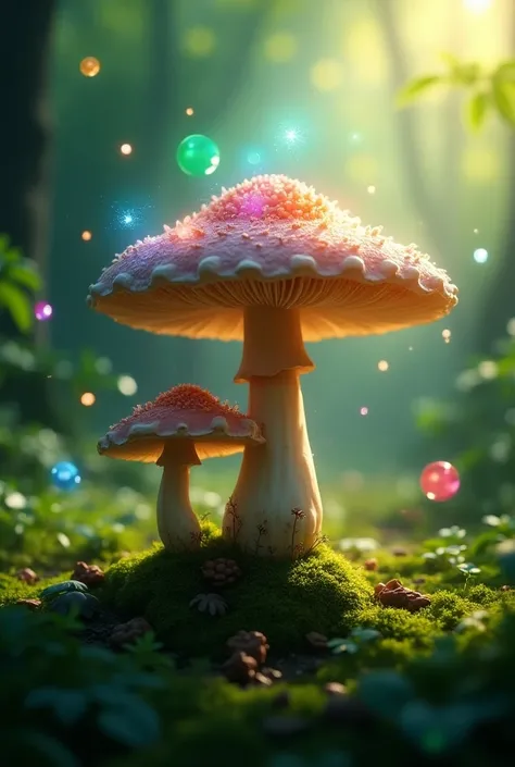  Capture a realistic image of a fungus in formation in its natural environment,  surrounded by colorful lights that add a magical touch .  The suns rays must filter through the leaves ,  illuminating the mushroom and creating a play of shadows and lights ....