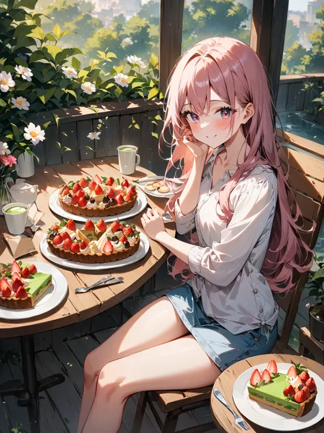 1girl, perfect body, anatomically correct, correct ratio, solo, 

long hair, flowing hair, cheerful smile, sitting at a sunlit café table. In front of her is a beautiful seasonal dessert platter featuring vibrant strawberries, matcha cake, and chestnut tar...