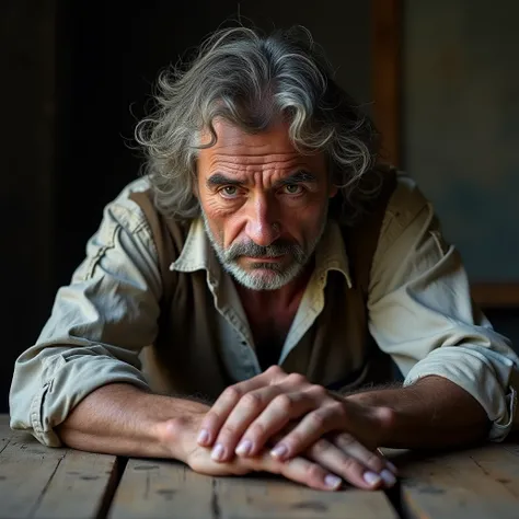 "An extremely realistic photograph of a 35-year- man sitting at a wooden table, his hands resting heavily on the table surface. His hair is disheveled and unkempt, showing signs of age and struggle. He is wearing old, worn and torn shirt clothes, which dep...