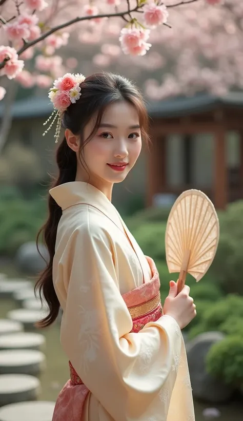 A photo of a stunningly delicate cute face young woman,20 years old ,fit body,in a traditional Japanese outfit holding a fan. Close mouth . Soft smile . She is standing in a garden with stone paths and various plants, including cherry blossoms. The backgro...