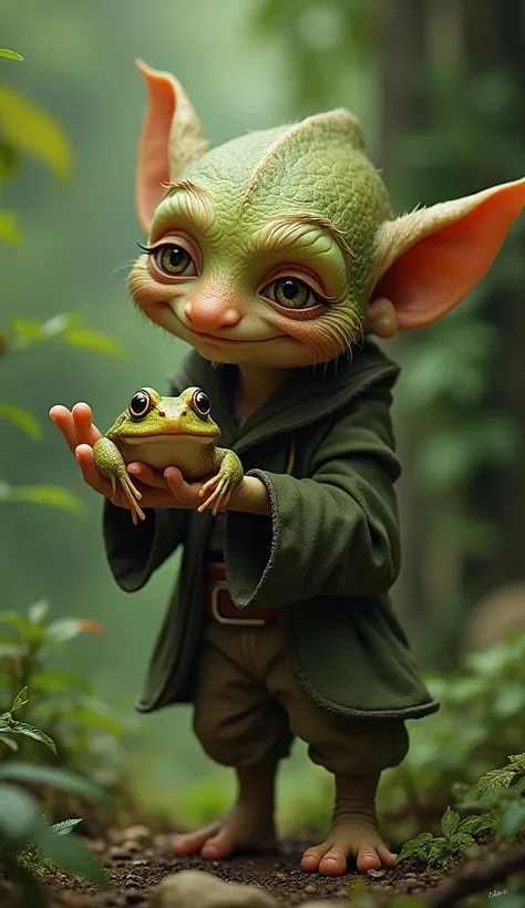 Goblin standing  +  frog sitting i goblin hand + hyper realistic 