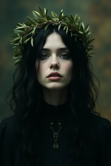 A close up of a person with an olive wreath on his head Ville Valo, inspired Por Syd Barrett,  Kramskoi 4 K , jack white, Highly detailed VFX portrait, A still image of an ethereal, Highly detailed VFX portrait of, Severus Snape, art of fan, A portrait of ...