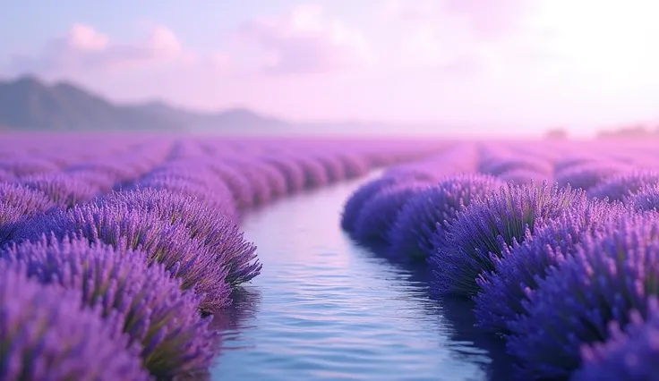 A small river cutting through a vast field of blooming lavender flowers, with purple waves of flowers stretching to the horizon and a soft breeze rustling the water’s surface.