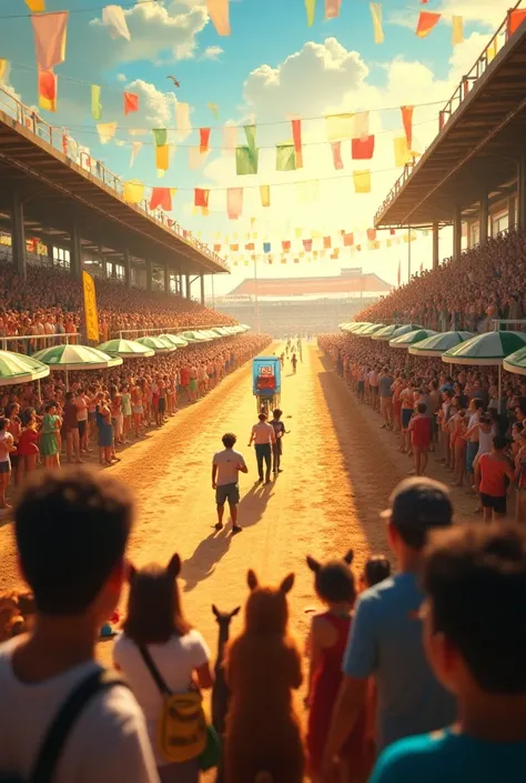 The race course is marked by colorful flags, and everyone looks excited. The sun is bright in the sky, casting long shadows. With animals in the background 