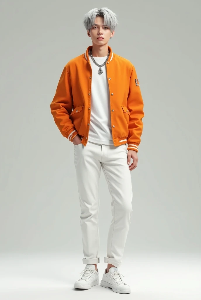 Boy White t shirt orange varsity jacket slim fit white pant white sneakers grey hair slim neck chain 