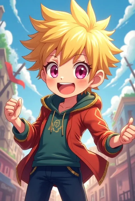 Create a male child character in the 2D anime format blond with pink eyes Boku no Hero style