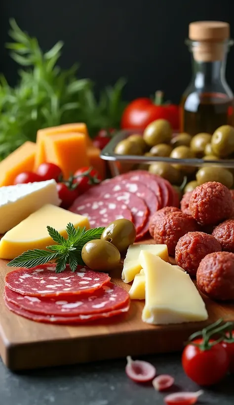  beautiful photograph ,  approach to a chopping board, with cheese,  salamines ,  various cold cuts , olives ,  meatballs ,  in the Gourmet Collection style , UHD, Retina, masterpiece, Accurate, Super detail, high details,  high quality , best quality,  award winning , highres, 1080P, HD, 16K