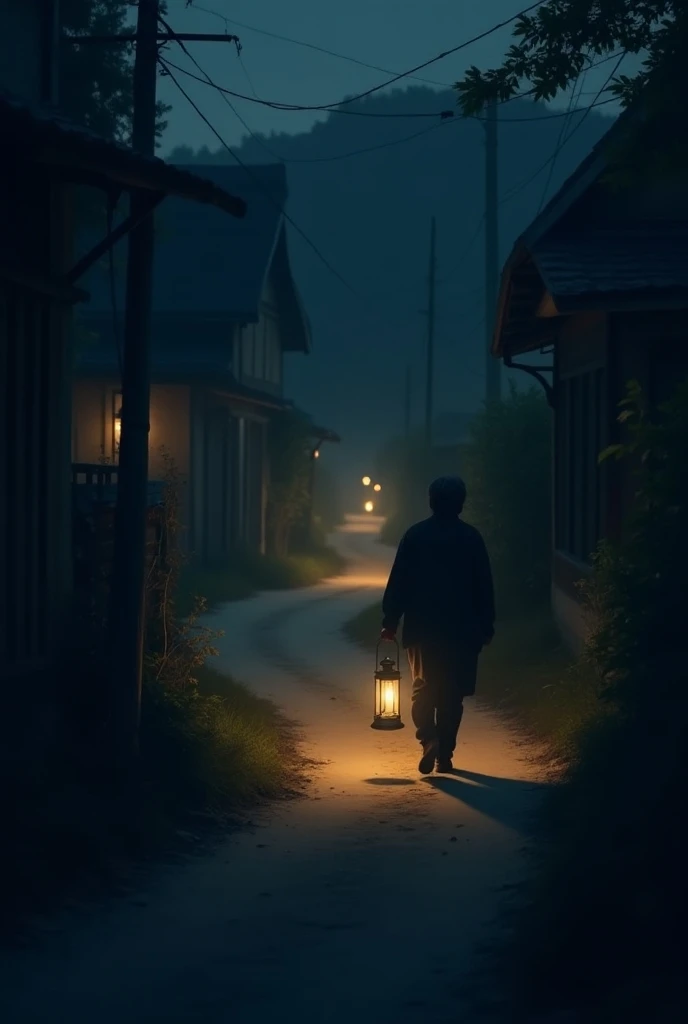 A quiet village night, a blind man walking slowly on a dirt path, holding a glowing lantern, its soft light spreading around 