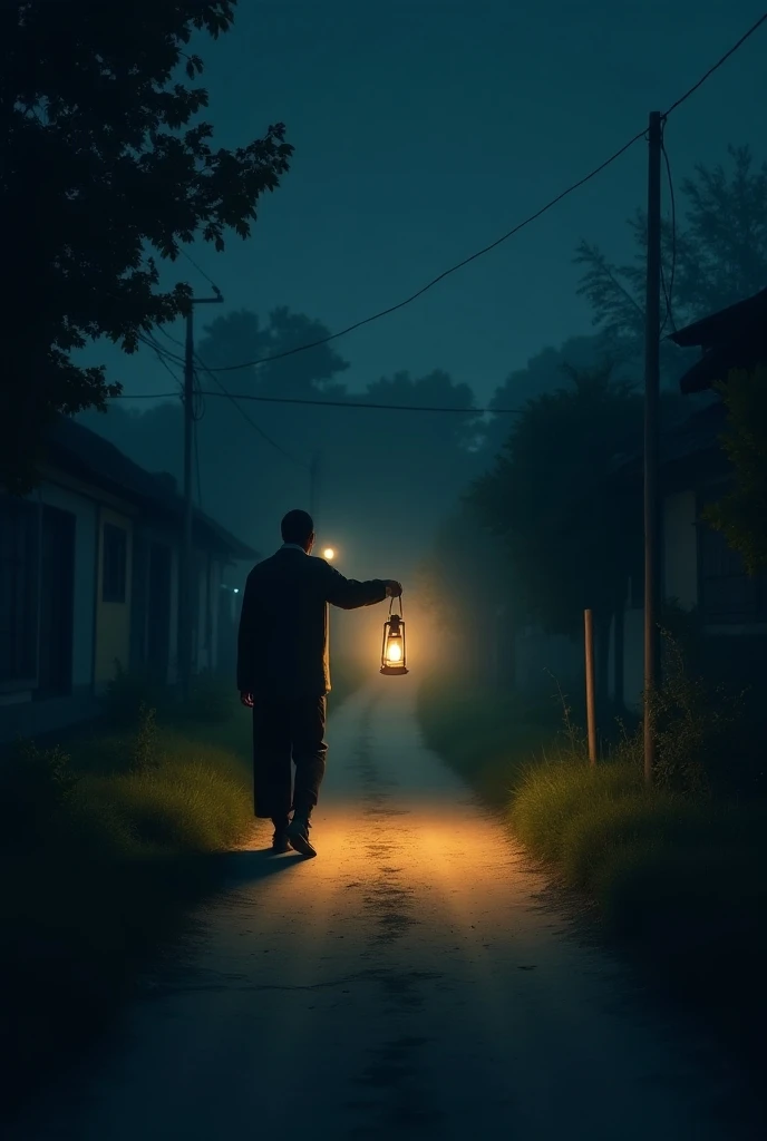 A quiet village night, a blind man walking slowly on a dirt path, holding a glowing lantern, its soft light spreading around 