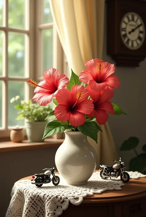 Hibiscus flowers in a porcelein vast with an oriental decoration on a wooden table laid with a crotchet table cloth beside a window with curtain. Rays of morning sun light up the room. An antique clock on the wall. Iron cast model of mini minor car and a s...