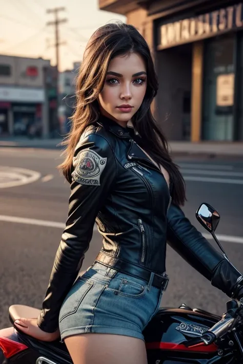 a girl on a motorcycle wearing shorts, beautiful detailed eyes, beautiful detailed lips, extremely detailed eyes and face, long eyelashes, riding a motorcycle, detailed background, vibrant colors, cinematic lighting, photorealistic, 8k, highly detailed, ma...