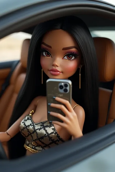 generate realistic bratz doll with light skin,she kind and have a long black hair,shes in the lamborgini car she makes a selfie her phone is iphone 15.she wearing glamour lou vitons cloth