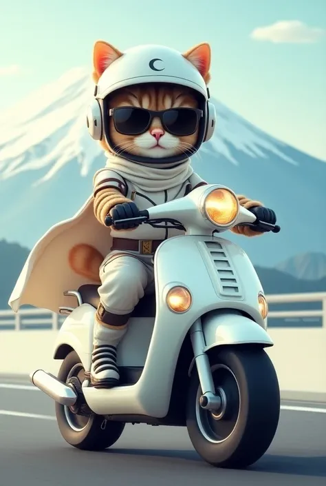 Brown Cat、 crescent moon badge on a white helmet、sunglasses、White Armor、White Cape、White trousers、 riding a white scooter 、Mount Fuji