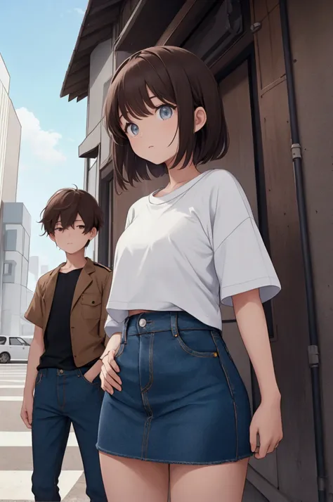 until. High quality, excellent resolution,  boy and girl on their backs in the roofed parking lot of a building in a Japanese city,  the boy wears blue denim pants ,  light round neck t-shirt ,  the girl wears a blue denim plank miniskirt and a light blue ...