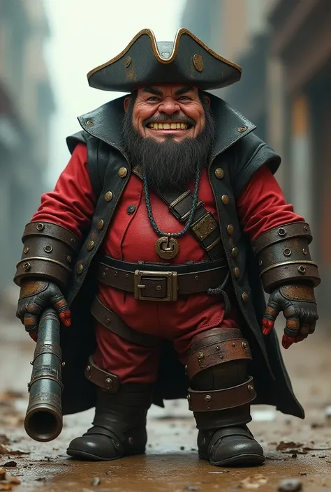 Ugly pirate 
, gordo, Funny ,gold tooth , futuristic armor a cover , wooden leg robotic , cannon embedded in an arm , clothing color red and black ,design , dwarf 