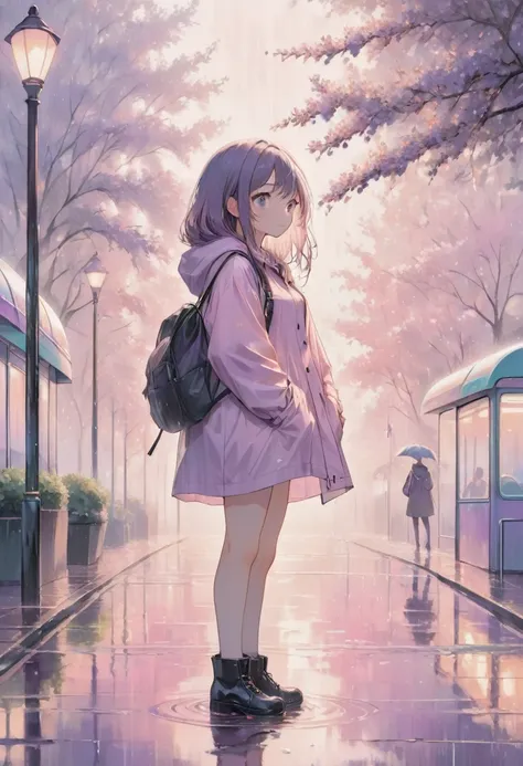 masterpiece, best quality, ultra-detailed, low fidelity (lofi) art style, pastel pink and purple tones. a young girl stands alon...